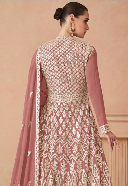 Elegant Rose Gold Georgette Embroidered Long Shirt with Skirt & Dupatta