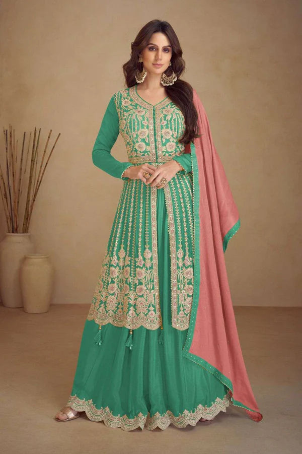 Elegant Green Chinon Embroidered Lehenga Set with Contrasting Dupatta