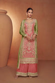 Exclusive Peach and Green Chinon Embroidered Palazzo Suit with Dupatta