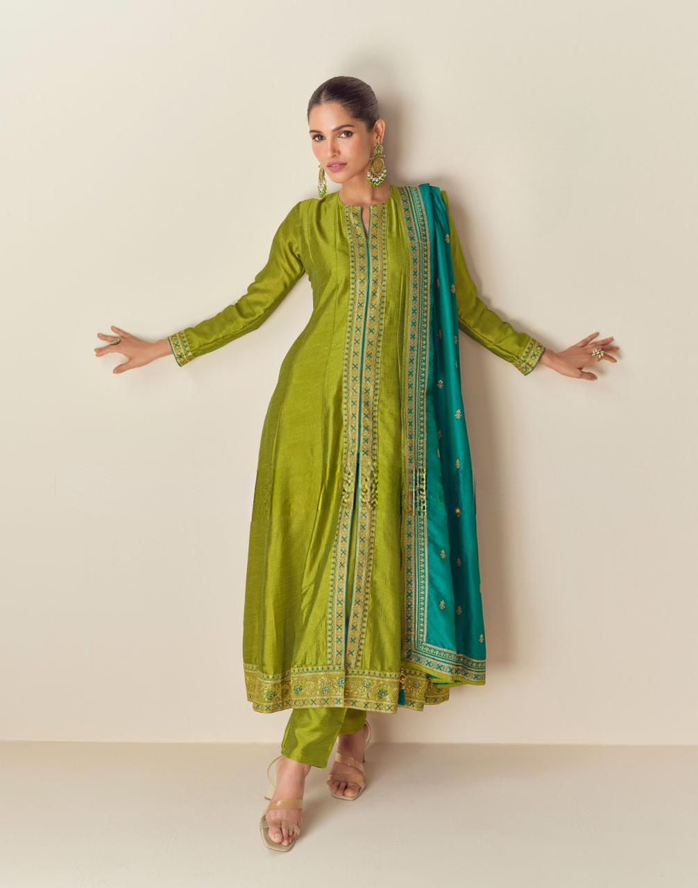 Elegant Lime Green Embroidered Silk Suit Set