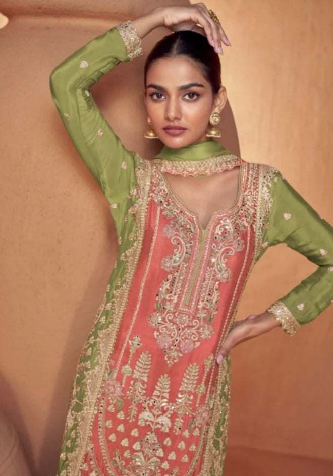 Exclusive Peach and Green Chinon Embroidered Palazzo Suit with Dupatta