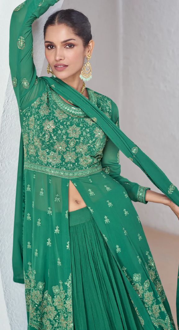 Exclusive Green Silk and Georgette Embroidered Anarkali Suit with Net Dupatta