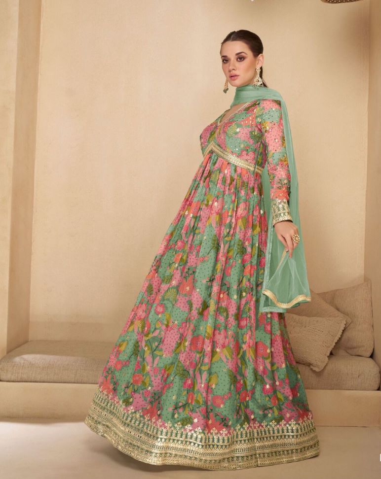 Floral Green Anarkali Gown with Golden Embellishments