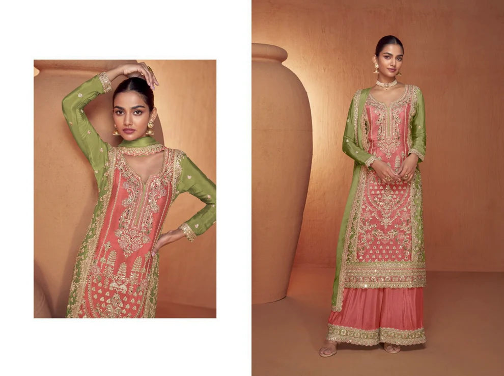 Exclusive Peach and Green Chinon Embroidered Palazzo Suit with Dupatta