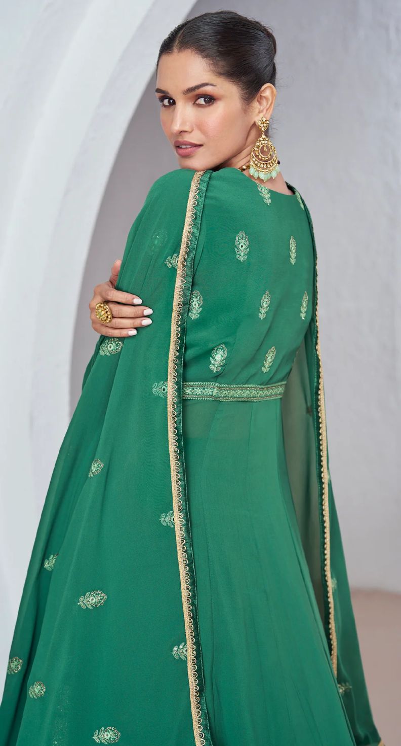 Exclusive Green Silk and Georgette Embroidered Anarkali Suit with Net Dupatta