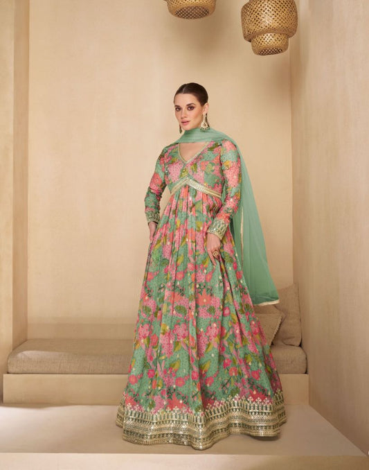 Floral Green Anarkali Gown with Golden Embellishments