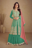 Elegant Green Chinon Embroidered Lehenga Set with Contrasting Dupatta