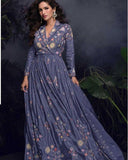 Graceful Steel Blue Chinon Silk Embroidered Gown with Organza Dupatta