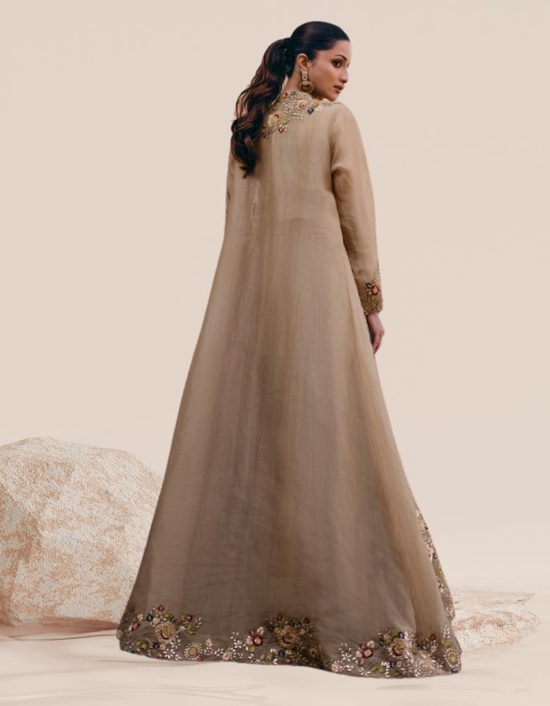 Timeless Beige Chinnon & Georgette Indo-Western Ensemble with Exquisite Embroidery