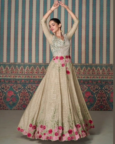 Graceful Ivory Chinnon Silk Embroidered Long Dress with Floral Detailing and Cancan