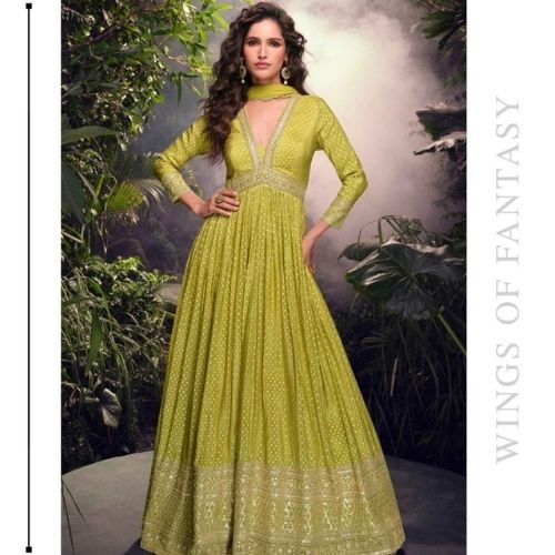 Graceful Lemon Yellow Embroidered Anarkali Gown with Dupatta – Pure Jacquard Silk