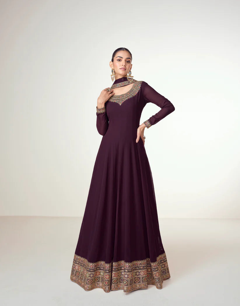 Regal Maroon Georgette Embroidered Long Dress with Dupatta – Size 42+2