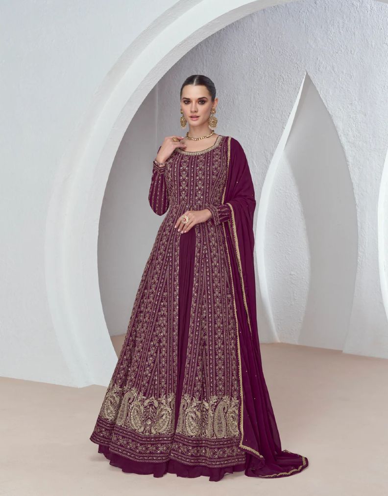 Exclusive Maroon Silk and Georgette Embroidered Anarkali Suit with Net Dupatta