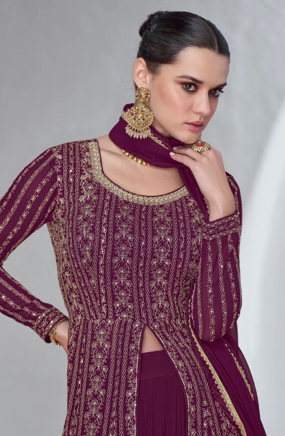 Exclusive Maroon Silk and Georgette Embroidered Anarkali Suit with Net Dupatta