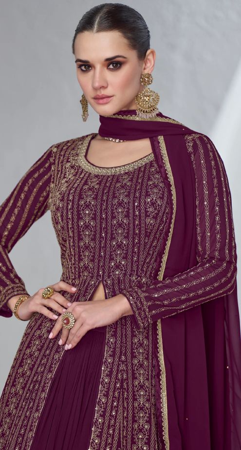 Exclusive Maroon Silk and Georgette Embroidered Anarkali Suit with Net Dupatta