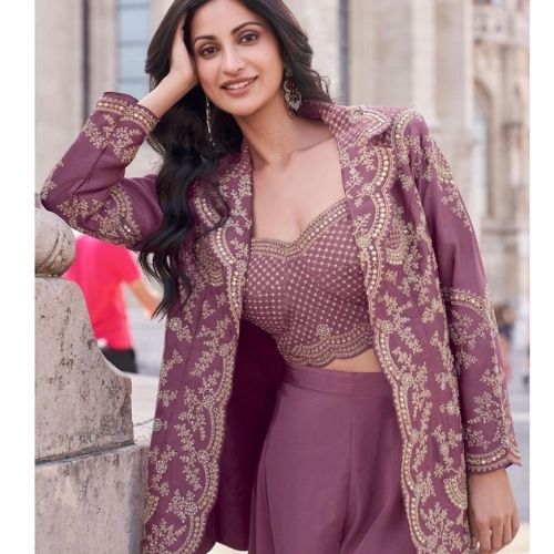 Chic Mauve Indo-Western Outfit with Embroidered Jacket – Silk & Georgette