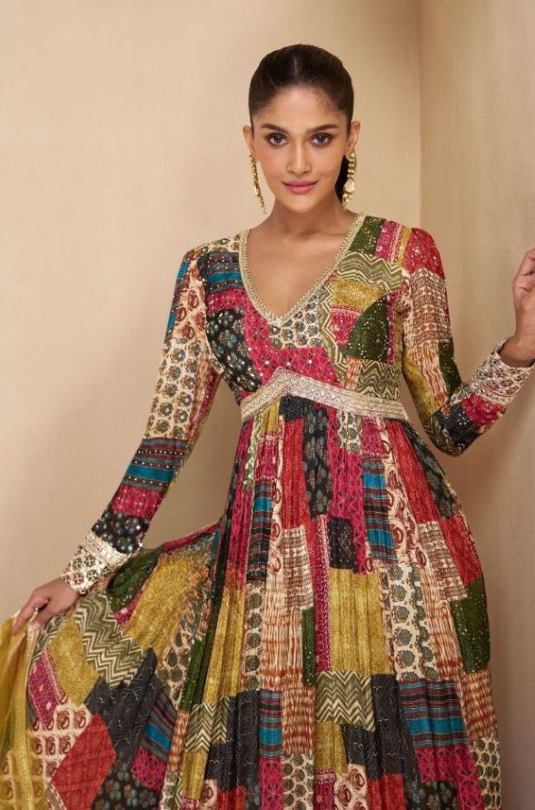 Multicolor Patchwork Anarkali Gown with Golden Embellished Border