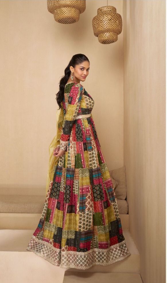 Multicolor Patchwork Anarkali Gown with Golden Embellished Border