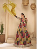 Multicolor Patchwork Anarkali Gown with Golden Embellished Border