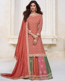 Elegant Chinnon Silk Embroidered Suit Set in Coral Orange – Size 42+2