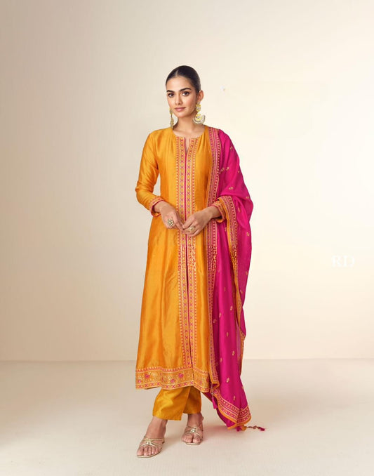 Vibrant Orange Embroidered Silk Suit Set with Pink Dupatta