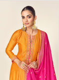 Vibrant Orange Embroidered Silk Suit Set with Pink Dupatta