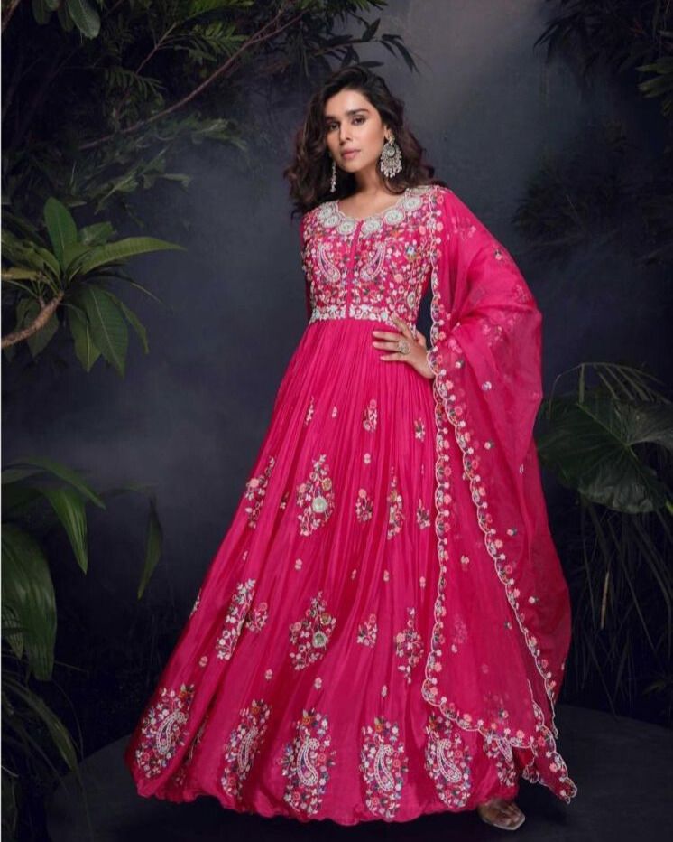 Elegant Fuchsia Pink Chinon Silk Embroidered Gown with Organza Dupatta