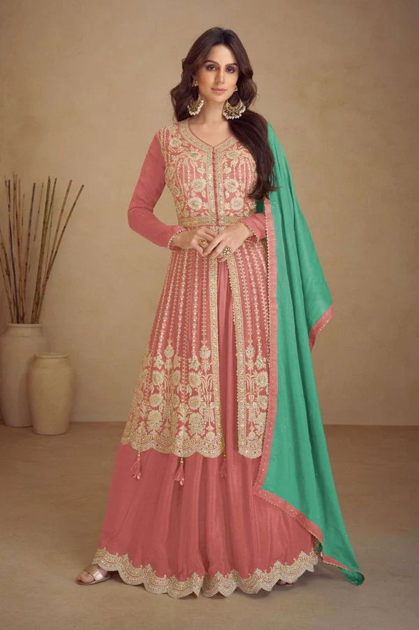 Graceful Peach Chinon Embroidered Lehenga Set with Contrasting Green Dupatta