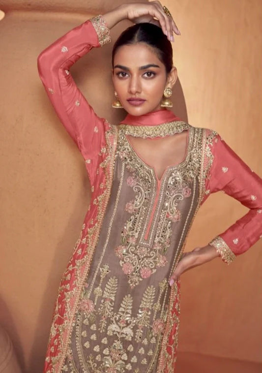 Exclusive Grey and Pink Chinon Embroidered Palazzo Suit with Matching Dupatta