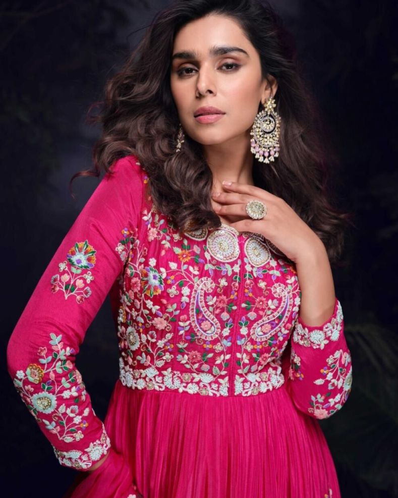 Elegant Fuchsia Pink Chinon Silk Embroidered Gown with Organza Dupatta