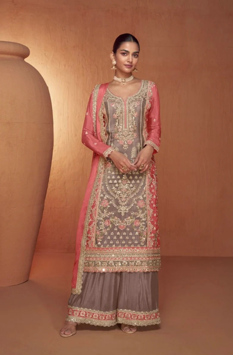 Exclusive Grey and Pink Chinon Embroidered Palazzo Suit with Matching Dupatta