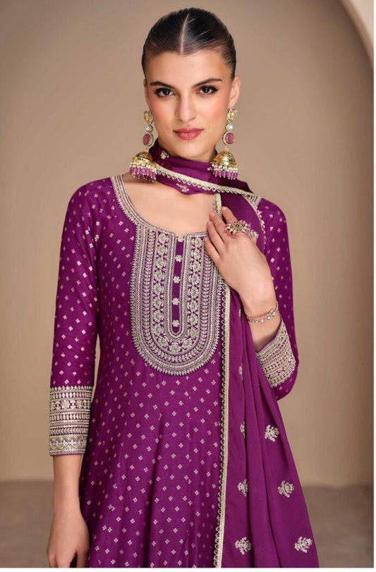 Purple Viscose Jacquard Silk Embroidered Long Dress with Dupatta