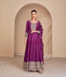 Purple Viscose Jacquard Silk Embroidered Long Dress with Dupatta