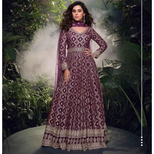 Regal Purple Embroidered Anarkali Gown with Dupatta – Pure Jacquard Silk