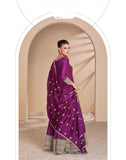 Purple Viscose Jacquard Silk Embroidered Long Dress with Dupatta