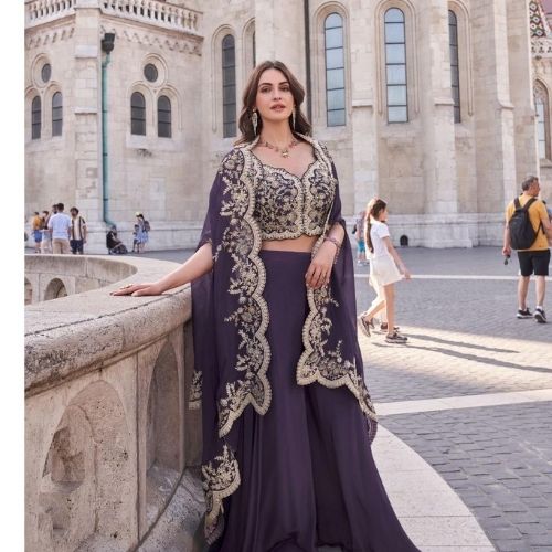 Royal Purple Indo-Western Outfit with Embroidered Cape Jacket – Silk & Georgette