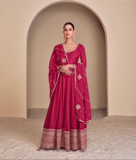 Ruby Red Viscose Jacquard Silk Embroidered Long Dress with Dupatta