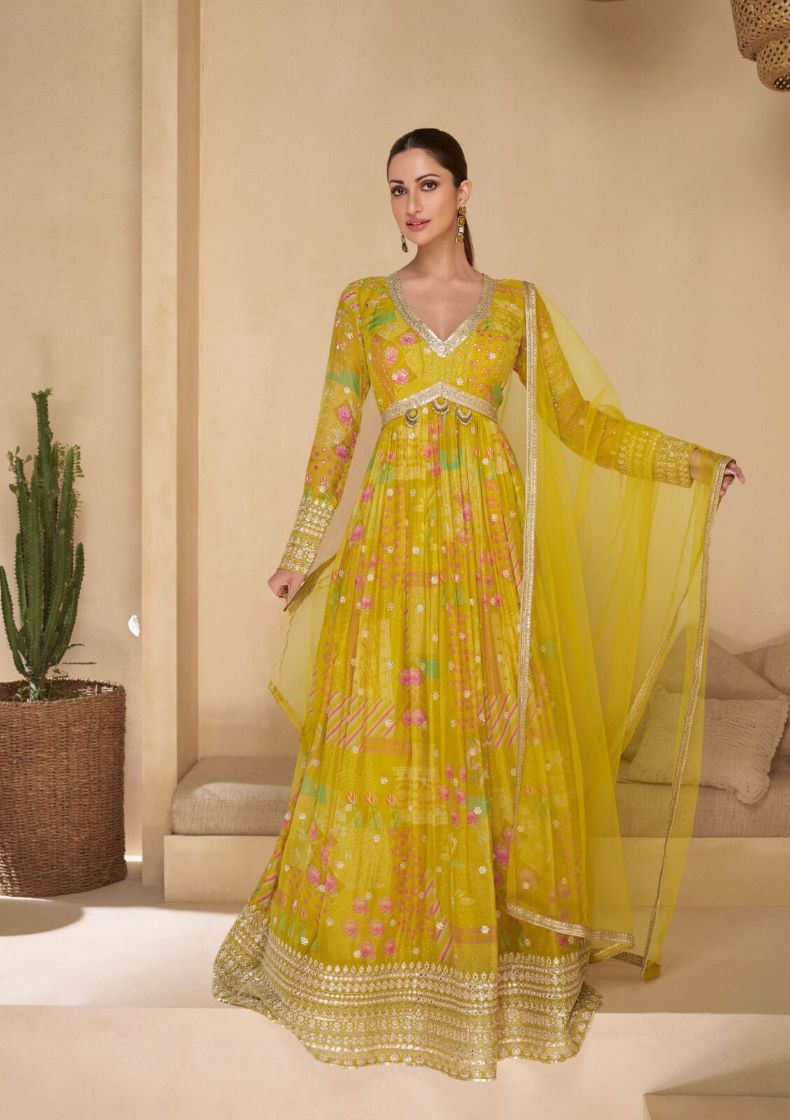 Yellow Floral Anarkali Dress with Embellished Border