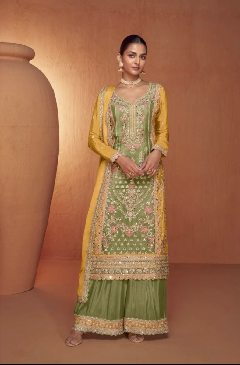 Exclusive Mustard and Green Chinon Embroidered Palazzo Suit with Matching Dupatta