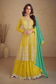 Radiant Yellow Chinon Embroidered Lehenga Set with Contrasting Green Dupatta