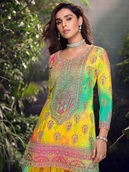 Exclusive Multicolor Chinon Silk Embroidered Suit with Mirror Work and Net Dupatta