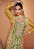 Exclusive Mustard and Green Chinon Embroidered Palazzo Suit with Matching Dupatta