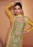 Exclusive Mustard and Green Chinon Embroidered Palazzo Suit with Matching Dupatta