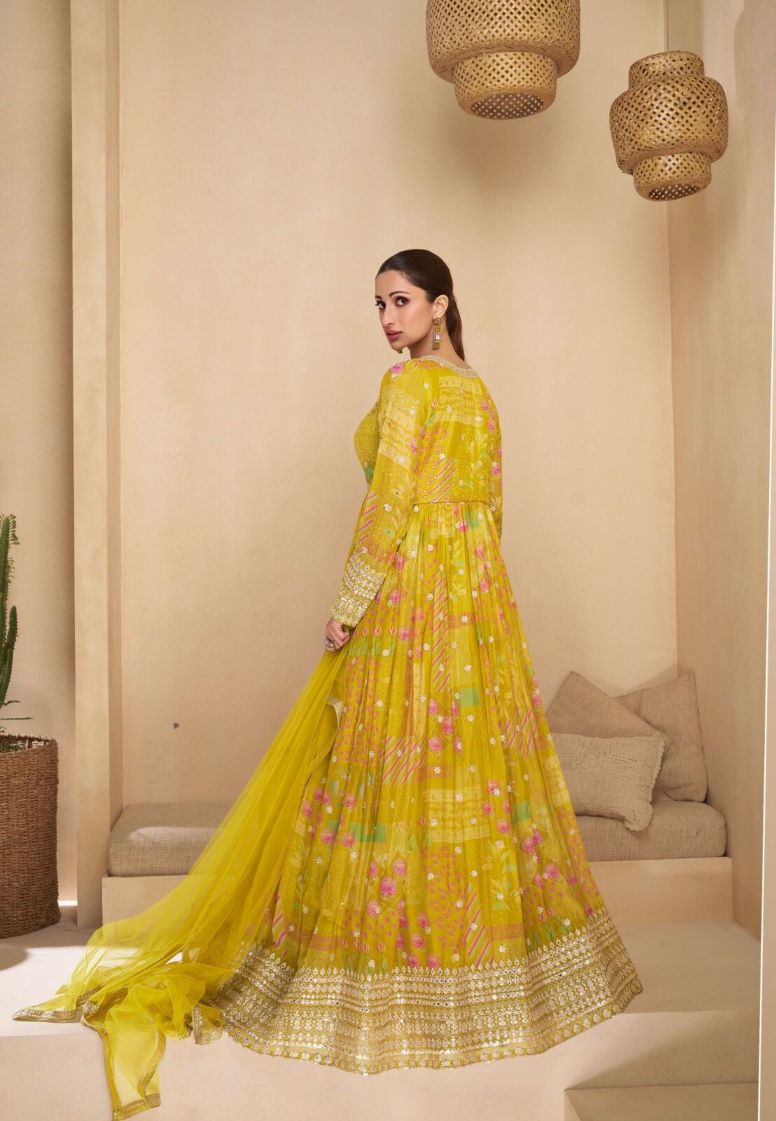 Yellow Floral Anarkali Dress with Embellished Border