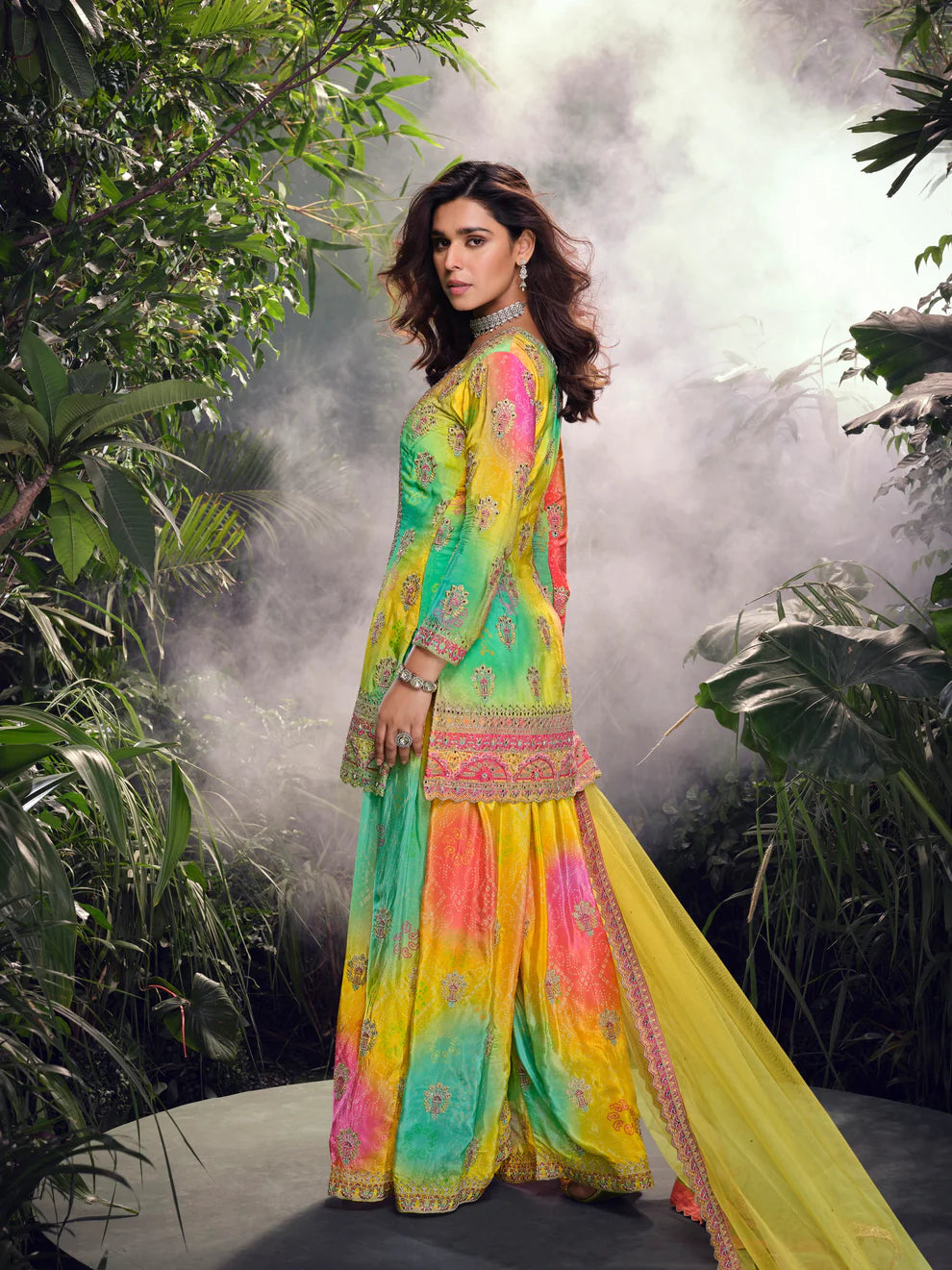 Exclusive Multicolor Chinon Silk Embroidered Suit with Mirror Work and Net Dupatta