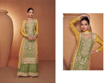 Exclusive Mustard and Green Chinon Embroidered Palazzo Suit with Matching Dupatta